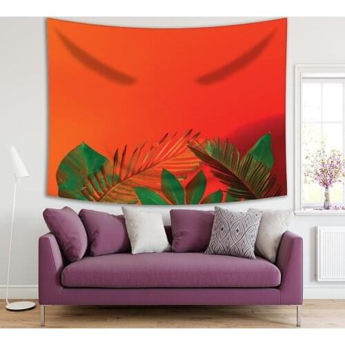 Tapestry Tropical Palm Leaves Against Gradient Holographic Colors Hot Summer Day View Green Orange