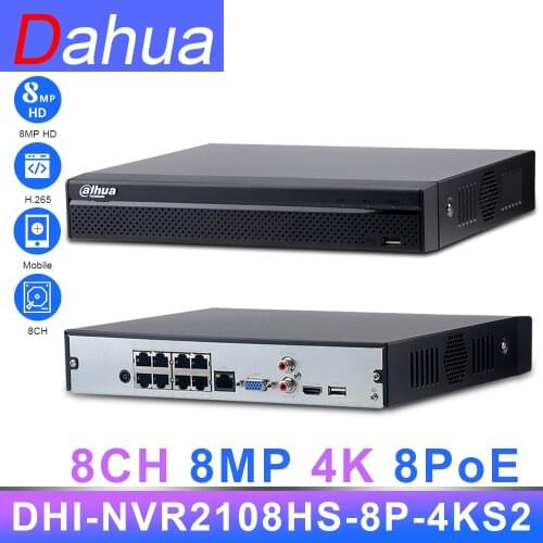 Original Dahua NVR 8CH 8PoE 8MP 4K NVR2108HS-8P-4KS2 80Mbps Bandwidth Video Recorder H.265 H.264 IP Camera CCTV System Security