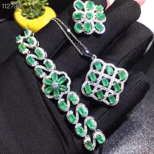 Real 925 Sterling Silver Pedant Rings Necklace 3Pcs Jewelry Set Vintage Created Emerald Wedding Promise Fine Jewelry