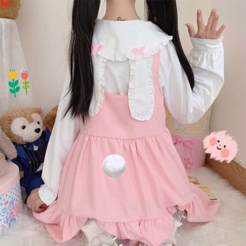 Japanese Two-Piece Suit Cosplay Loli Dress Girl 2020 New Autumn Kawaii Lolita Mini Dress Girls Sleeveless Ruffle Suspender Dress