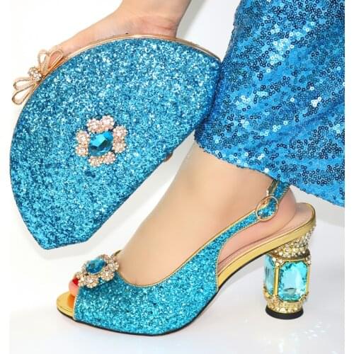 Summer Crystal Decoration Strang Heels Shoes With Matching Bag Set African Bling Bling Ladies Shoes And Bag Set For Party