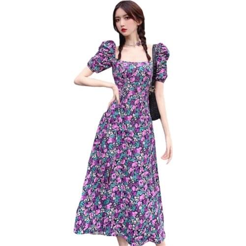 Fashion Printed Ladies Dress Short Sleeve Split Square Neck 2021 Summer Women Dress Casual Hedging Mid-Length Vintage Dresses