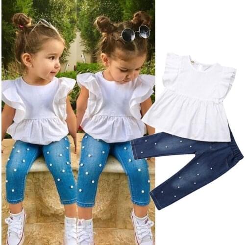 Fashion New Summer Kids Baby Girls Sets Ruffle Fly Sleeve Cotton Tops T-shirt Beading Denim Long Pants 2Pcs Girl Outfits 2-7Y