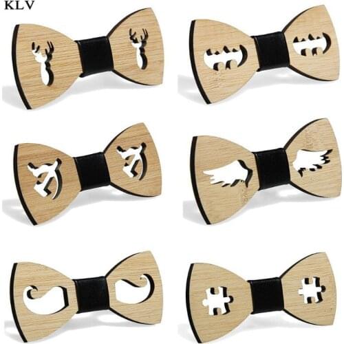 Men Boys Hollow Bat Deer Wings Handmade Bamboo Wooden Bow Tie Faux Leather Knot Center Adjustable Business Wedding Party Necktie