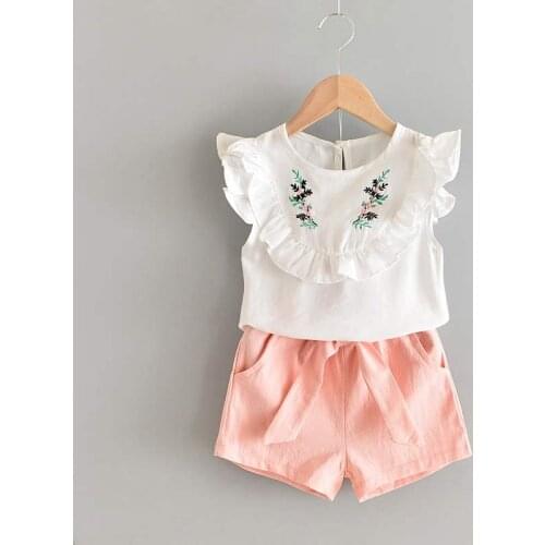 New Childrens Clothes Pink Sweet Little Girl Embroidery T-shirt Bow Shorts 2 Piece Suit 3-7 Years Old Summer Toddler Clothing