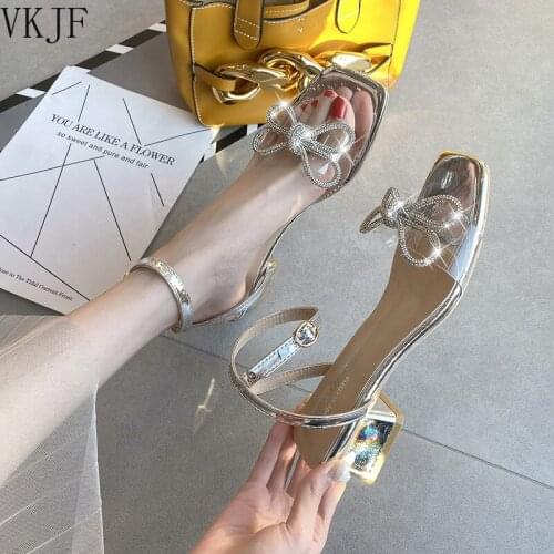 2021 Summer New One-strap Mid-heel Sandals Silver Rhinestone Bow Thick Heel Sandals Female Fairy Style