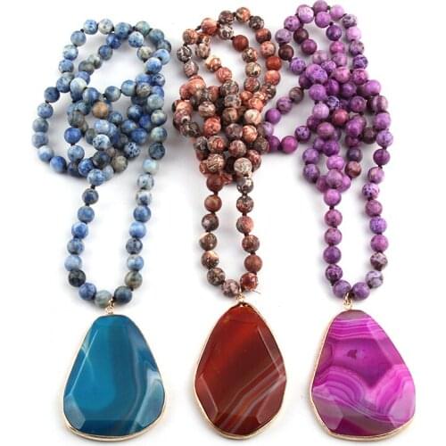 New Fashion Bohemian Tribal Jewelry Natural Stone Knotted Necklaces Facet Irregular Drop Pendant Women Ethnic Necklace