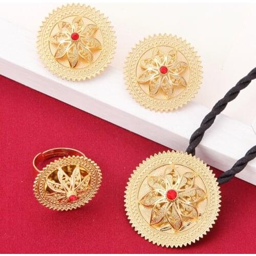 New Ethnic Ethiopian Jewelry Set Pendant Chain Earrings Ring Set Jewelry 24k Gold Color Eritrea Habesha Wedding African
