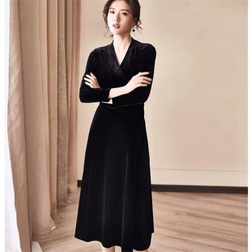 Solid Velvet Womens Dresses Autumn Long Sleeve V-Neck Slim Dress Plus Size Loose Elegant Dress 2020 Fashion Vestidos S-6XL