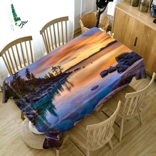 Thicken Cotton Tablecloth 3D Lake Landscape in the Sunset Pattern Rectangular/Round Table Cloth for Wedding Picnic Party