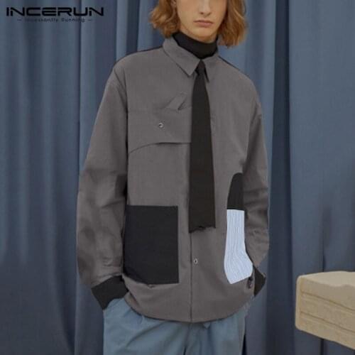 Stylish Men Patchwork Shirt Lapel Streetwear Button Long Sleeve Tops Personality Casual Shirts Chic Loose 2021 Chemise INCERUN