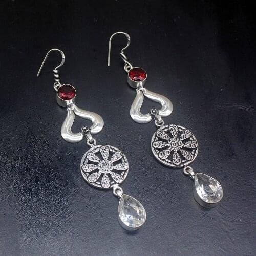 Gemstonefactory Big Promotion 925 Silver White Topaz Red Garnet Handmade Women Ladies Gifts Dangle Drop Earrings 20212146