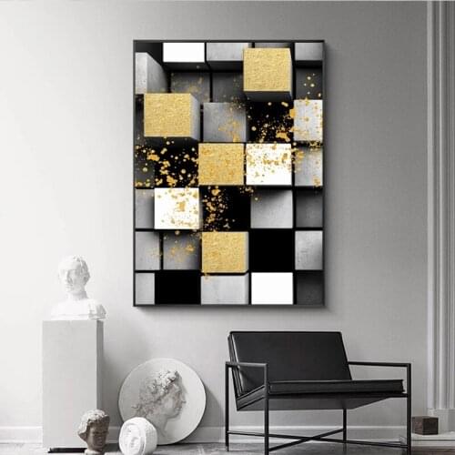 Nordic Three-dimensional Abstract Industrial Canvas Painting Golden Geometric Posters and Prints Living Room Home Decoration