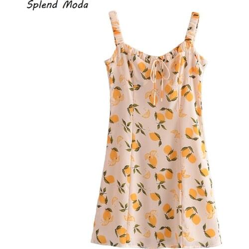 Splend Moda 2021 Summer French Chic Woman Dress Short Spaghetti Strap Holiday Style Lemon Print Dress Zipper Vestido Female