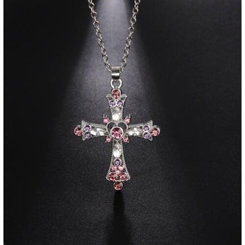 Teamer Fashion Pretty Purple and Pink Crystal Religious Cross Pendant Necklace Women Silver Color Choker Amulet Jewelry Gifts