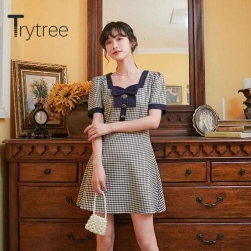 Trytree 2020 Summer Woman Casual Dress Square Collar Button Bow Plaid Fashion High Waist Elegant Temperament A-line Mini Dress