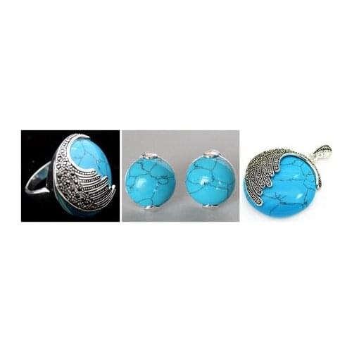 Vintage Blue Turquoise 925 Sterling Silver Marcasite Ring (#6-9) pendant and earrings sets