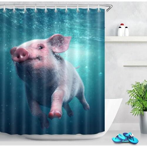 Blue Sea Diving Cute Pig Fabric Shower Curtains Polyester Waterproof Funny Animal Print Decorative Bathroom Curtain With Hooks