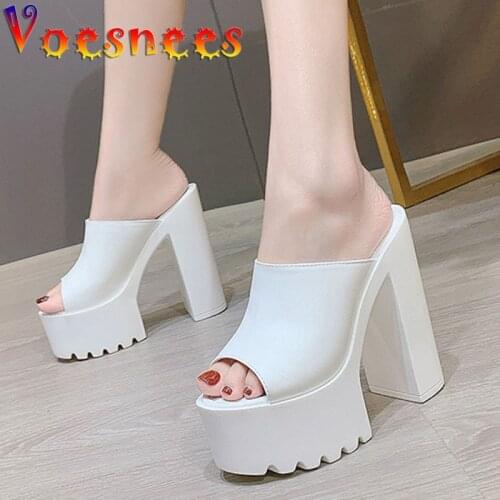 Voesnees Women Slippers Comfortable Waterproof Platform Sandals Fashion Summer Pure Colour Fang Heel High-Heeled Shoes 2021 New