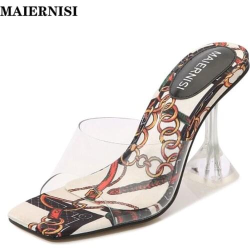 MAIERNISI Brand New Women Pumps Hand Painted Design Sexy Crystal Heel High Heel Slippers Female Dress Party Show Sandal Shoes