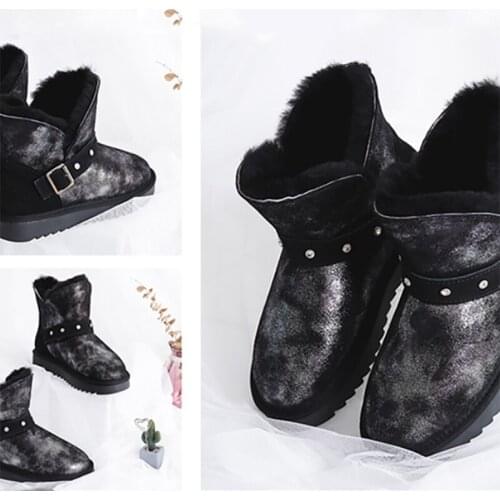 2021 New Genuine Cowhide Leather Snow Boots Women Wool Boots Suede Sheep Fur Flat Anti-skid Warm Winter Shoes 34-42