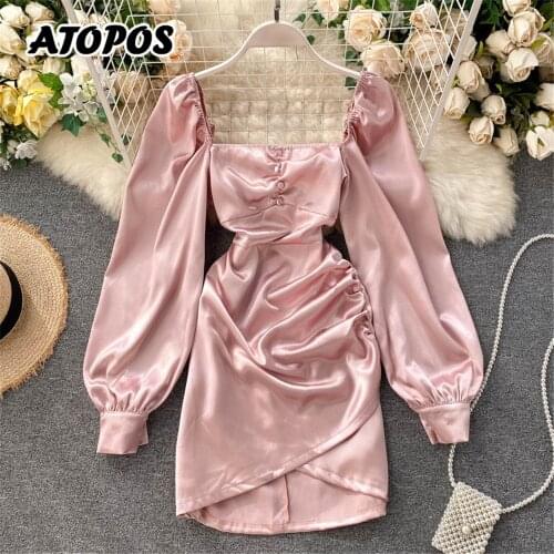 Vintage Satin Women Party Dress 2021 Square Collar High Waist Elegant Pink Long Sleeve Dresses Spring Summer Female Clothes