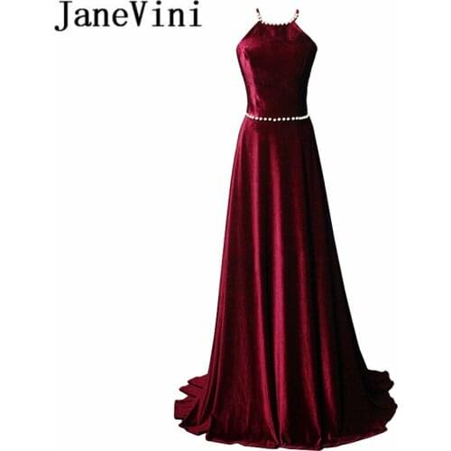 JaneVini 2018 Sexy Velvet Burgundy Long Bridesmaids Dresses Halter A-Line Beaded Backless Sweep Train Formal Party Prom Gowns