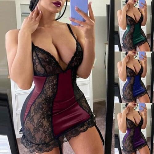 Fashion Sexy Lace Perspective Sleepwear Female Spaghetti Strap Nightwear Deep V Neck Mini Dress Soft Homewear