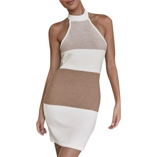 Women’s Sexy O-Neck Halter Knitted Skinny Dress Fashion Contrast Color Bandage Backless Dress Summer Slim Sleeveless Mini Dress