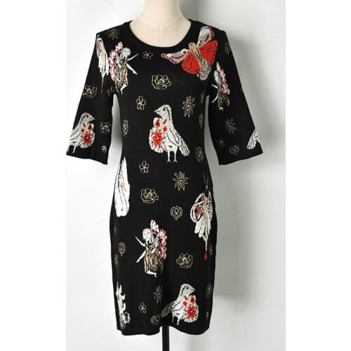 2018 Runway Design Black Knitted Women Dress Half Sleeve Embroidery Bird Butterfly Novelty Winter Party Midi Sweet Dresses
