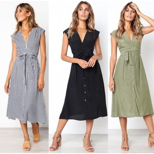 2021 Summer Dress Women Sleeveless Casual Stripe Dresses V Neck Bangage Midi Dress Female Knee Length Vintage Sundress For Lady