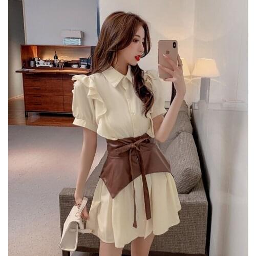 2021 High Quality New Brand Dresses Luxury Runway Designers Shirt Dress Autumn Short Sleeves Women Vintage Dress+PU Leather Belt