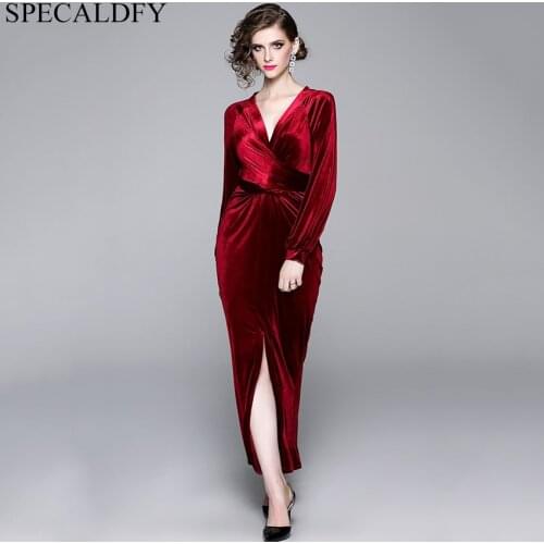 Winter Dresses Women V-Neck Vintage Velvet Dress Sexy High Spliy Evening Party Dresses Runway High Quality Robe Femme Vestidos