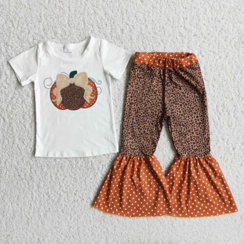 2021 Halloween Pumpkin Outfits Lovely RTS wholesale fashion boutique set toddler girls short sleeve and Leopard bell bottoms