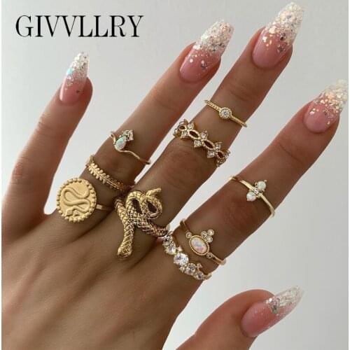 9 pcs/set New Design Snake Finger Rings for Women Jewelry Fashion Vintage Geometric Opal Crystal Embossed Snake Crown Ring Set