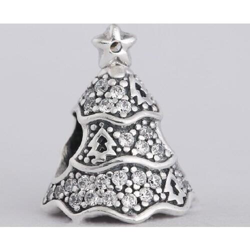 Fit Brand Bracelet Authentic 925 Sterling Silver Christmas Tree Charms with Pave Clear CZ DIY Jewelry Accessories