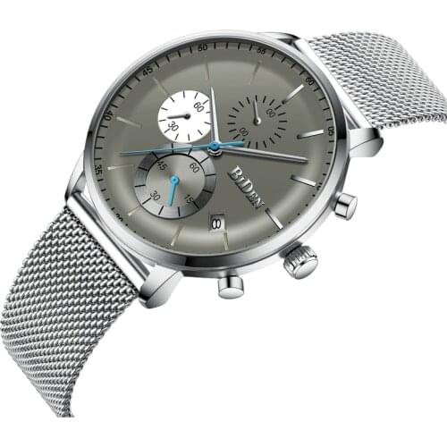 BIDEN New Men Watches Luxury Famous Brand Men Stainless Steel Mesh Calendar Watch Men Business Luminous Quartz Watch 0179