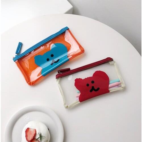 SIXONE Ins Cartoon Little Bear Color Collision PVC Zipper Pencil Case Transparent Korea Student Kawaii Stationery Storage Bag