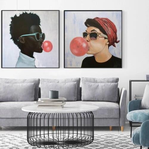 Women Men Blow Red Bubbles Gum Canvas Painting Abstract Figure Posters and Prints Wall Art Pictures for Living Room Home Decor