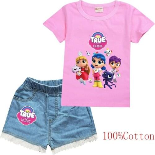 True and the Rainbow T shirts Two Piece Set Tracksuit Short Sleeve Shirt+ Denim Shorts Street Style Streetwear&Pants Girls Sets