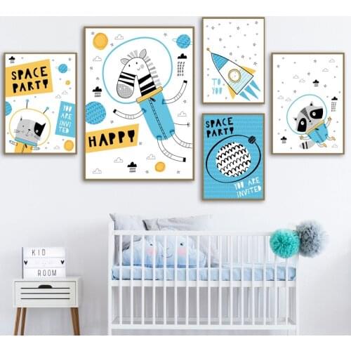 Cartoon Painting Zebra Astronaut Rocket Space Planet Home Decoration Painting Childrens Room Decoration Wall Canvas Painting