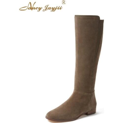 Nancyjayjii Women Spring&Autumn Boots Deep Khaki Flock Round Toe Flat Heels Knee-Hight Zipper Boots Shoes Woman,Large Size 4-16