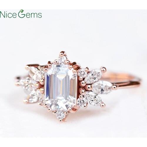 NiceGems Solid 14K Rose Gold Center 7x5mm Emerald cut Moissanite Engagement Ring with round & marquise cut Moissainite Accents