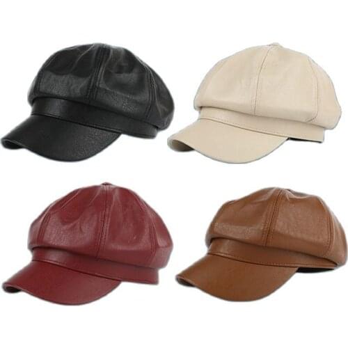 Autumn Girl Female 8 Panels Octagonal Hat Hot Fashion faux leahter beret cap Artist Hip hop dance Pumpkin hats