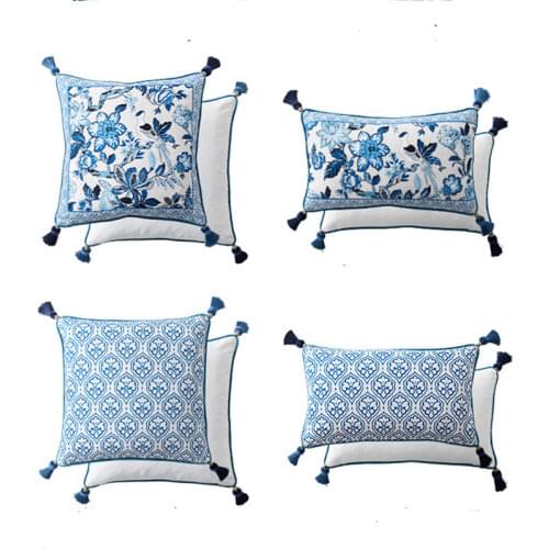 Blue and White Porcelain Chair Back Cushion Cover Linen Throw Pillow Case Cottoowslip Square Decorative Pillowcase 18X18 Inch