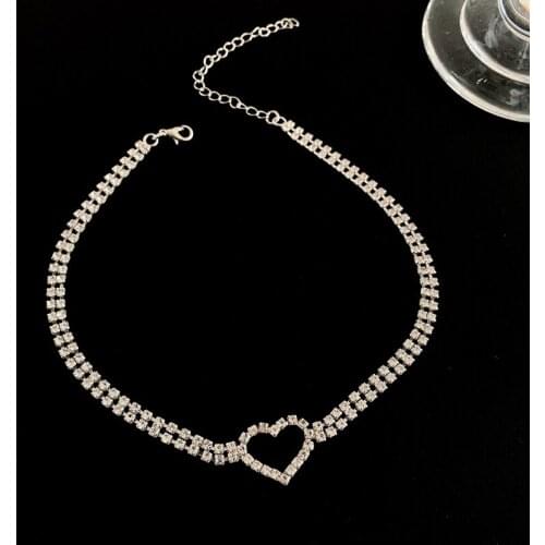 TIMEONLY Luxury Bling Bling Rhinestones Love Heart Choker Necklace Square Metal Chain Necklaces for Women Lady Jewellery Korean