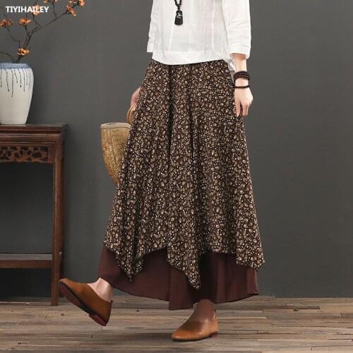 TIYIHAILEY Free Shipping 2021 Long Maxi A-line Skirt Women Elastic Waist Spring Summer Vintage Big Hem Skirt Print Black Brown
