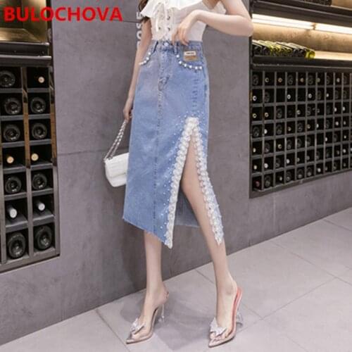 BULOCHOVA High Quality Women Fashion Pearls Lace Edge Denim Skirt 2021 Summer High Waist Split Long Jeans Skirts Plus Size 2XL
