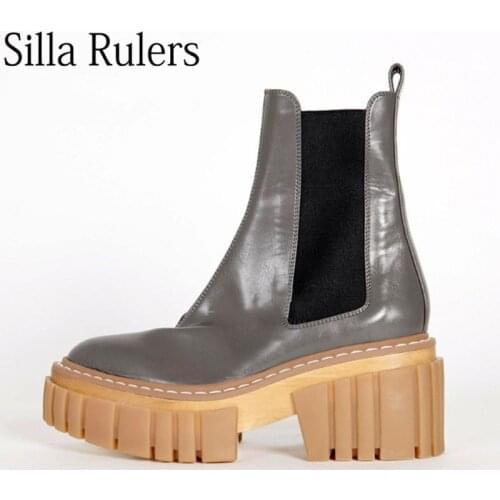 New Thick Sole Ankle Boots Women Genuine Leather Round Toe Chelsea Boots Woman Runway High Platform Motorcycle Boots Woman