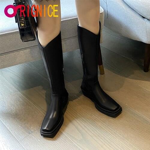 Orignice 2021 Women Top Quality Leather Knee High Boots Plus Size 34-42 Low Heels Fashion Square Toe Autumn Party Wild Shoes